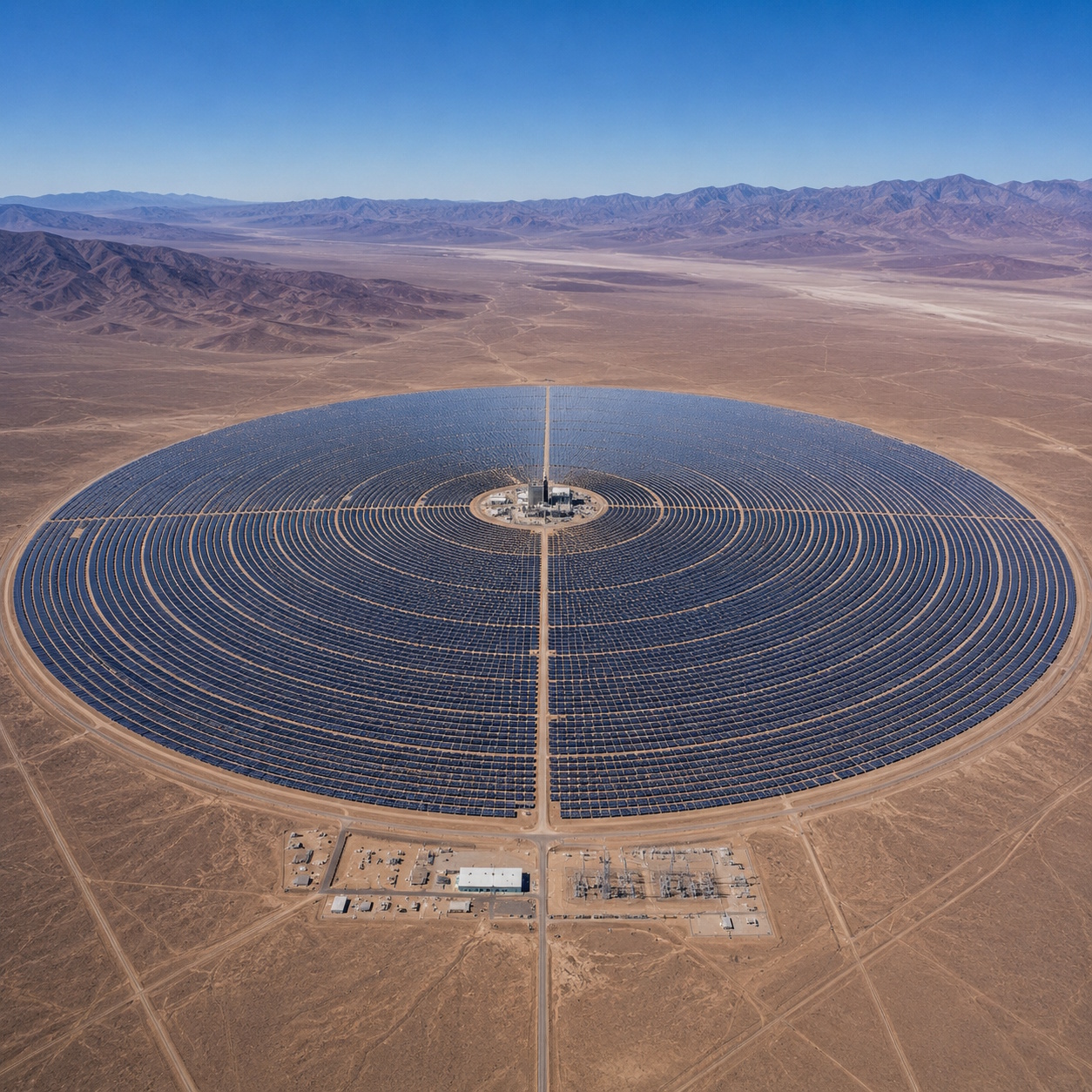 The vast arid plateau of the Atacama Desert under an intensely blue sky, its pale ochre surface stretching to distant volcanic peaks — the driest and most solar-irradiated landscape on Earth