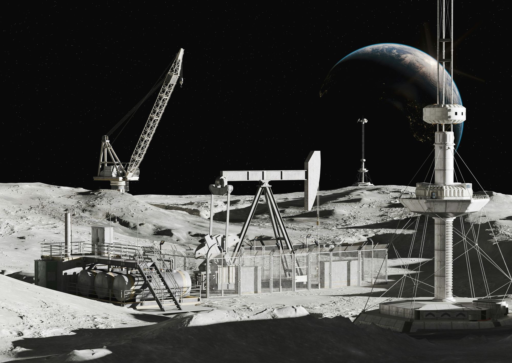 Desolate planetary surface landscape under a dark sky — representing the hostile operational conditions that autonomous excavation systems must navigate in pursuit of lunar helium-3 resources