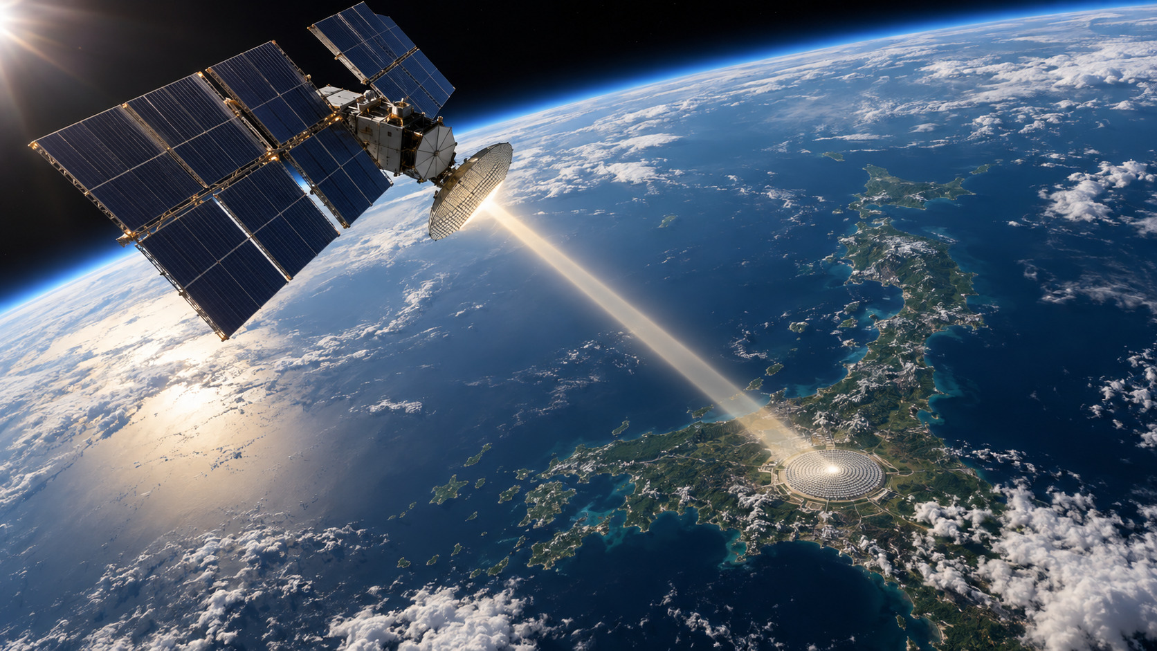 Conceptual illustration of a solar-power satellite beaming a microwave beam to a circular receiving array on the Japanese archipelago, seen from orbit
