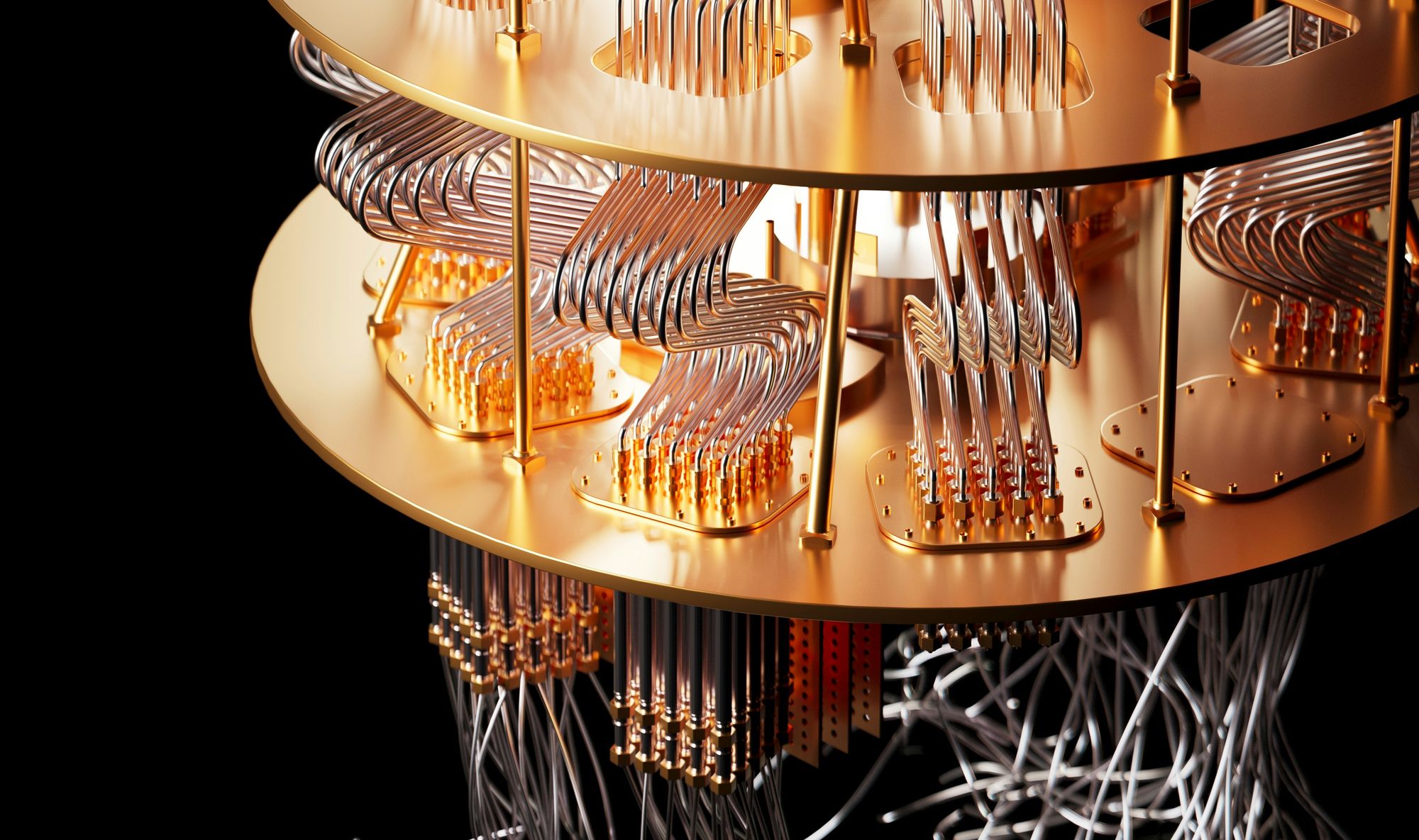 Abstract light patterns suggesting quantum wave interference and particle dynamics — evoking the controlled non-equilibrium thermal environments that Rice University's two-knob quantum simulator engineers with independently programmable heating and cooling