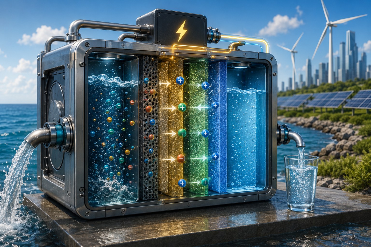 Cutaway illustration of a three-chamber seawater electrolyser sitting on a coastal platform: raw seawater enters on the left, ions migrate through the porous solid electrolyte and bipolar membranes, green hydrogen exits one outlet and potable freshwater fills a glass on the right, with wind turbines and solar panels in the background