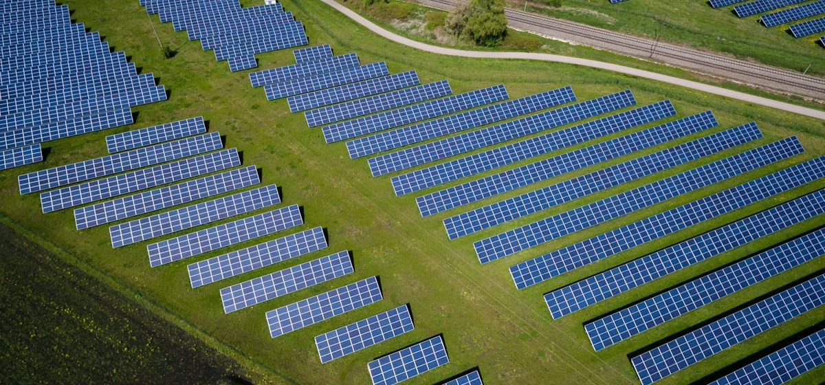 Solar farm rows, aerial view
