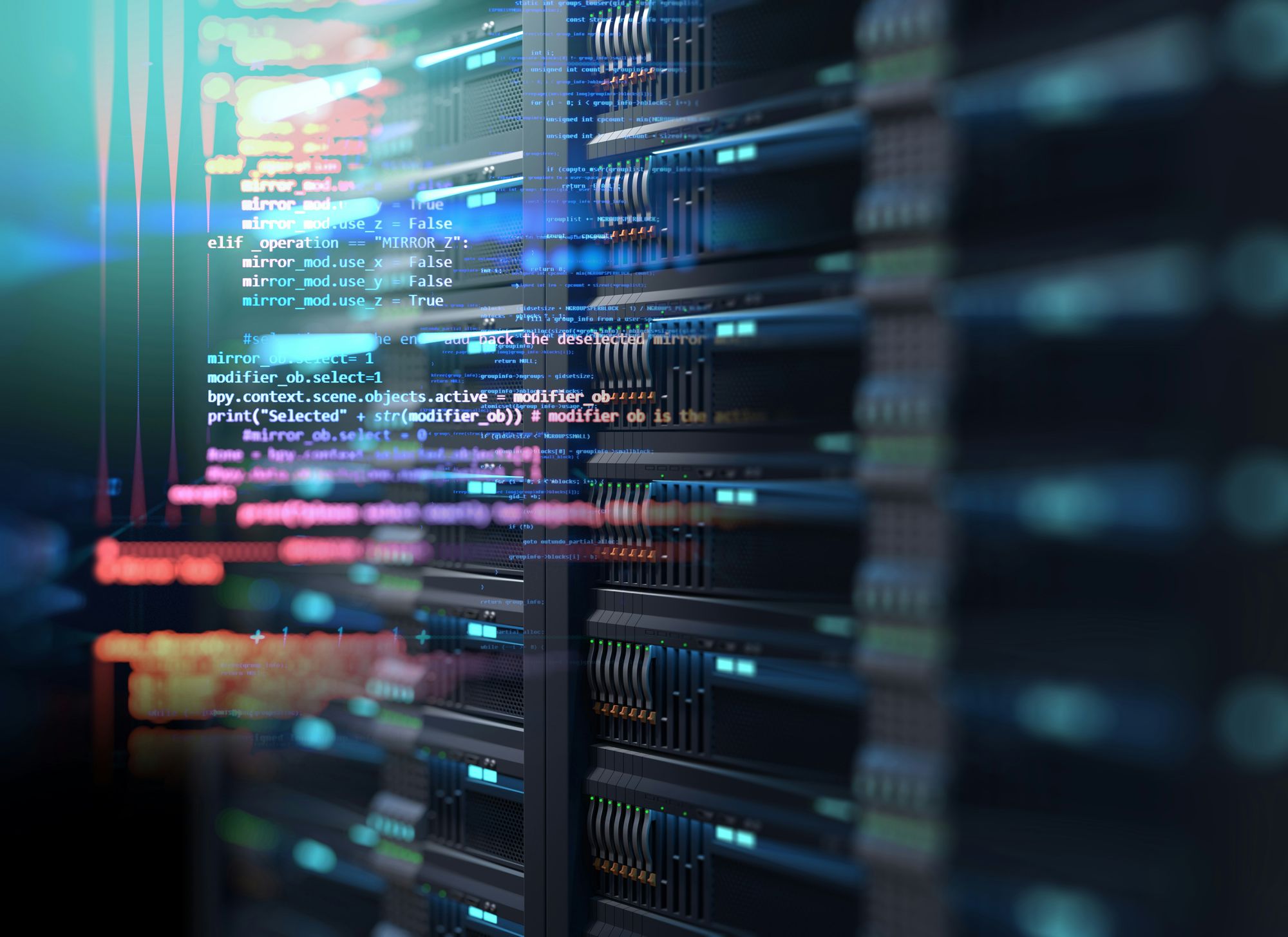 Server infrastructure overlaid with code &mdash; the software transferred in the GRINDER divestment to a US-based trading house