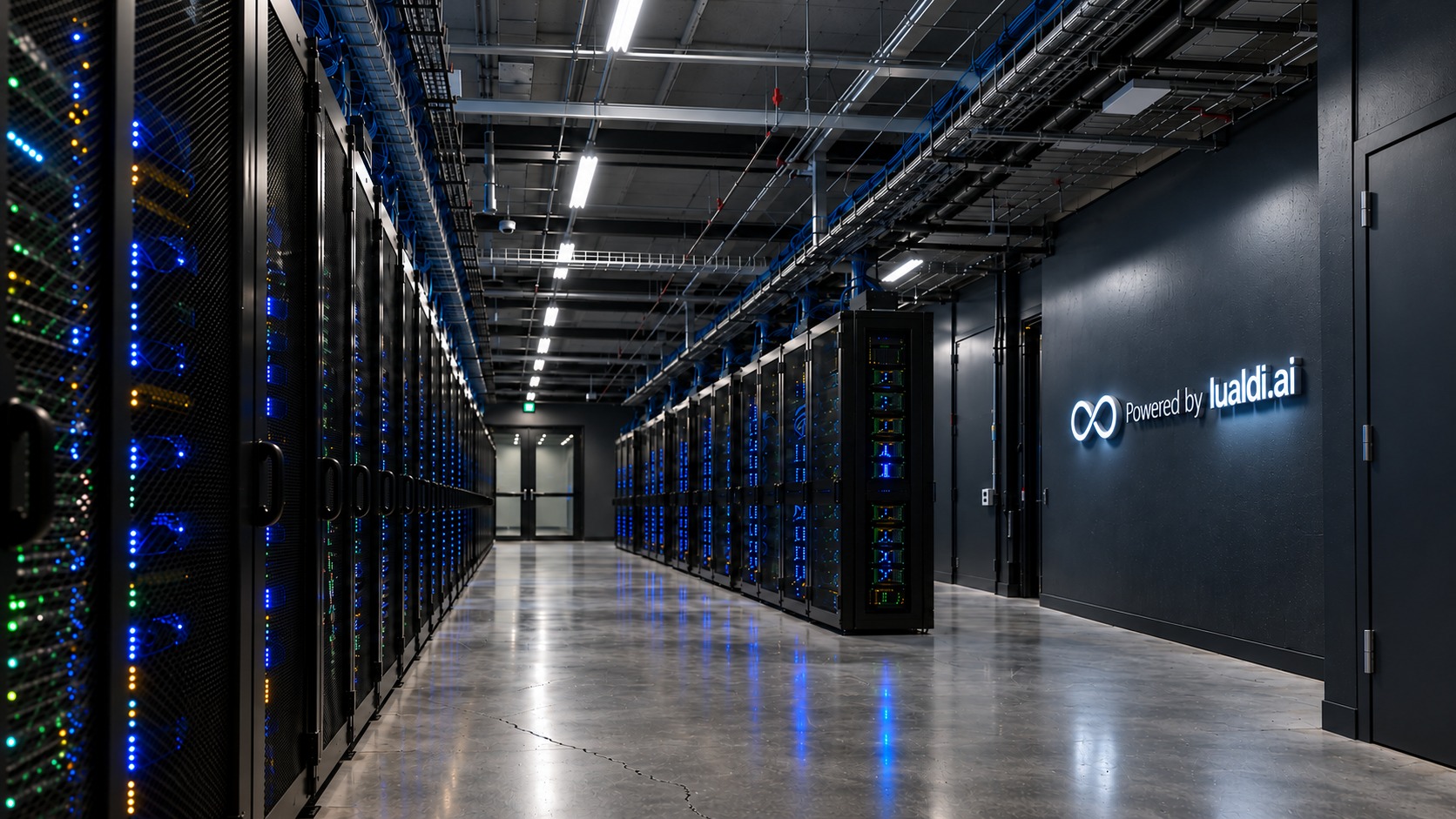 A dark data center corridor lined with server racks glowing blue, with a wall sign reading Powered by lualdi.ai