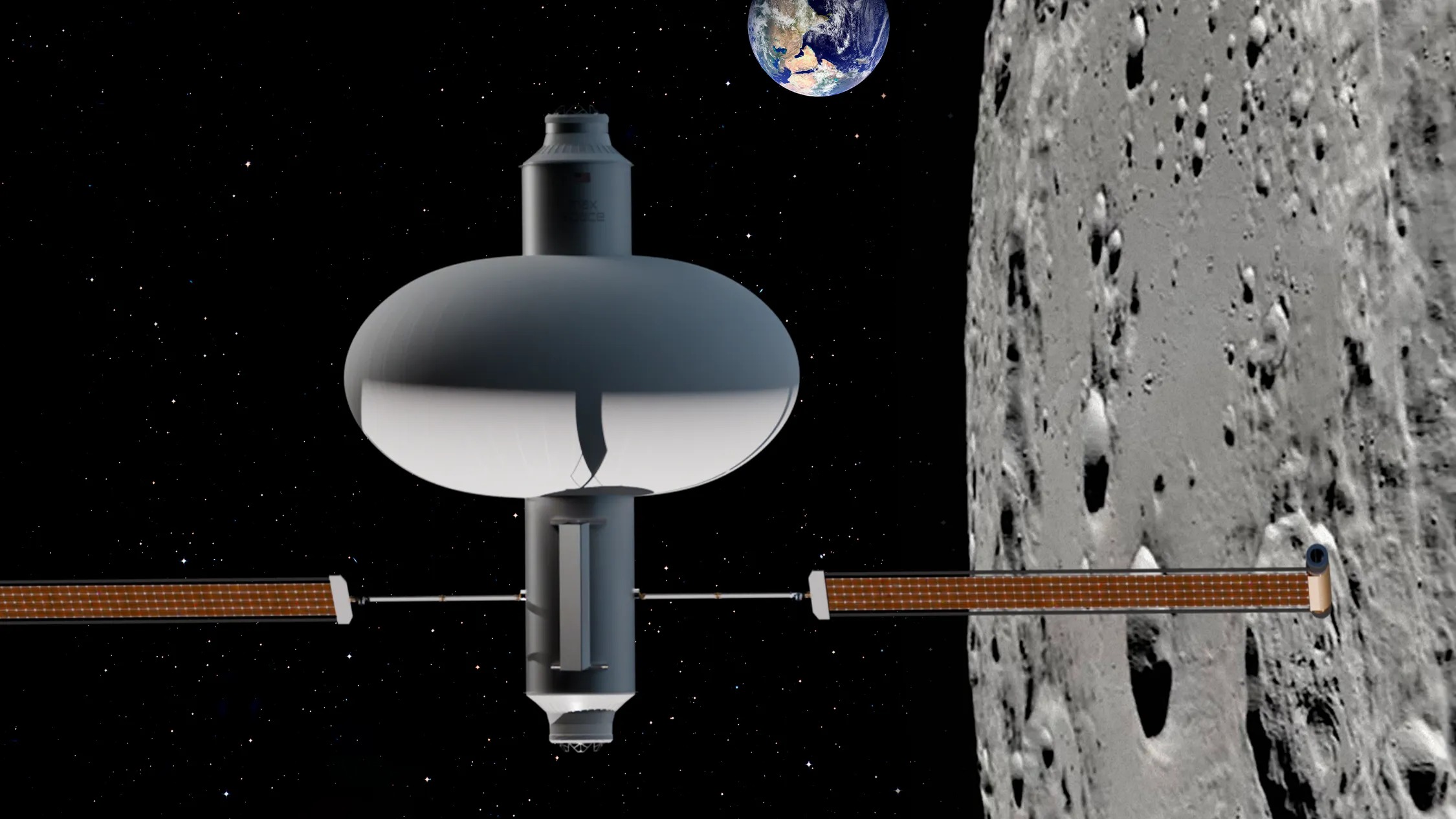 Concept rendering of an expandable space station with a swollen central habitat, a docking spine and two long solar arrays, set against the Moon with Earth in the distance