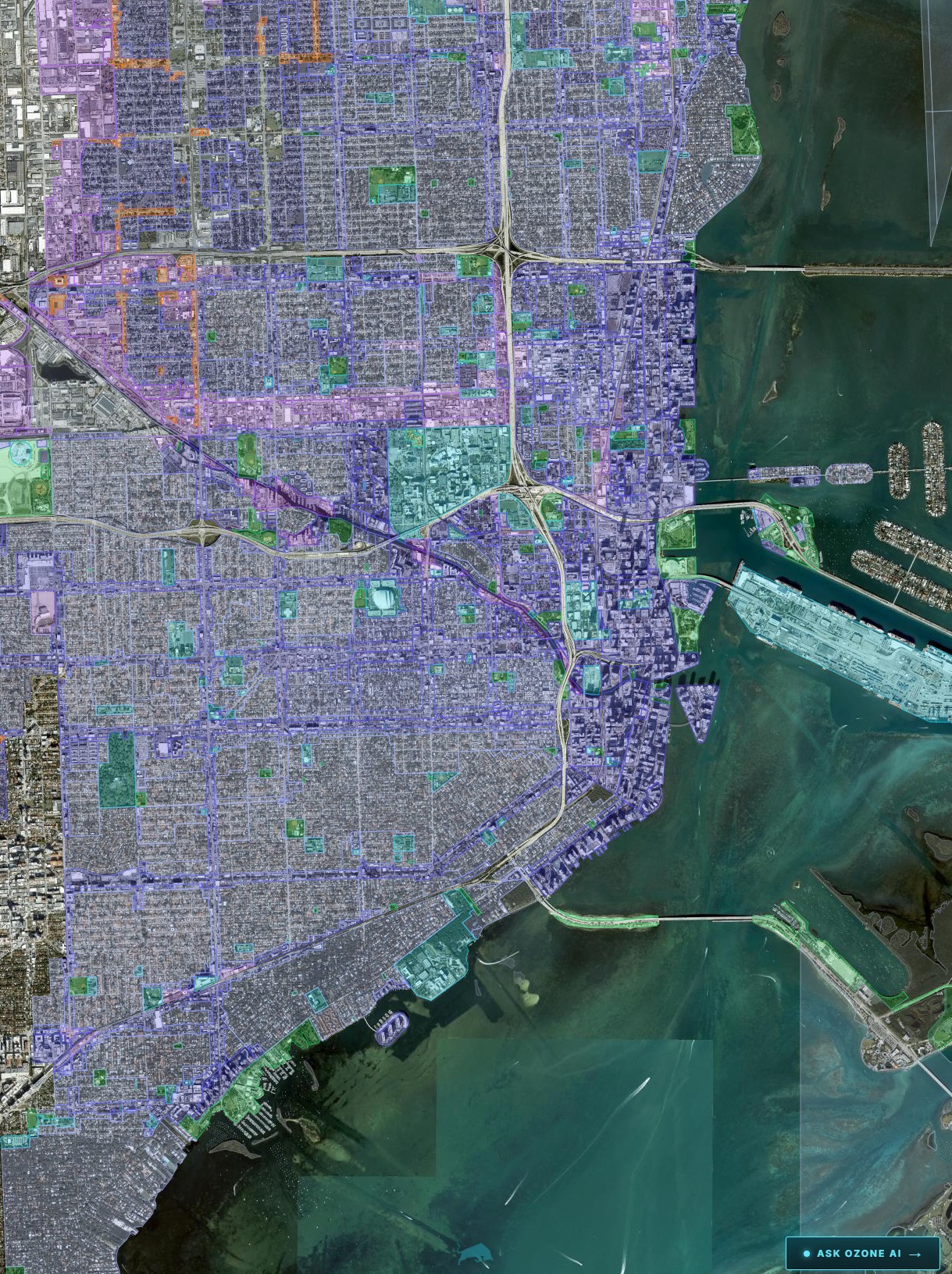 OZONE zoning intelligence layer — Miami metropolitan area, showing parcel-level zoning classifications, pending rezoning petitions, and overlay designations