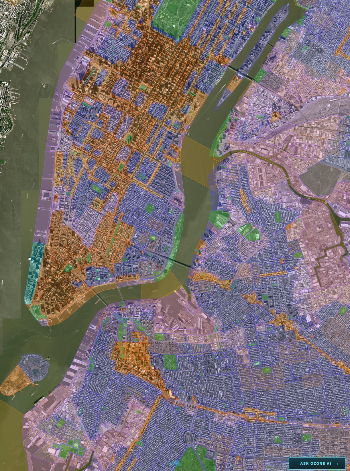 OZONE zoning intelligence layer — New York metropolitan area, showing parcel-level zoning classifications, pending rezoning petitions, and overlay designations