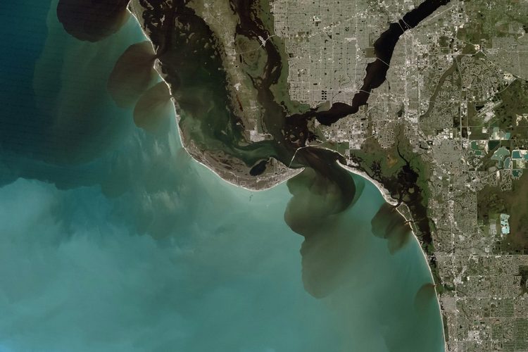 Satellite image of a coastal metropolitan area, its barrier islands and inlets