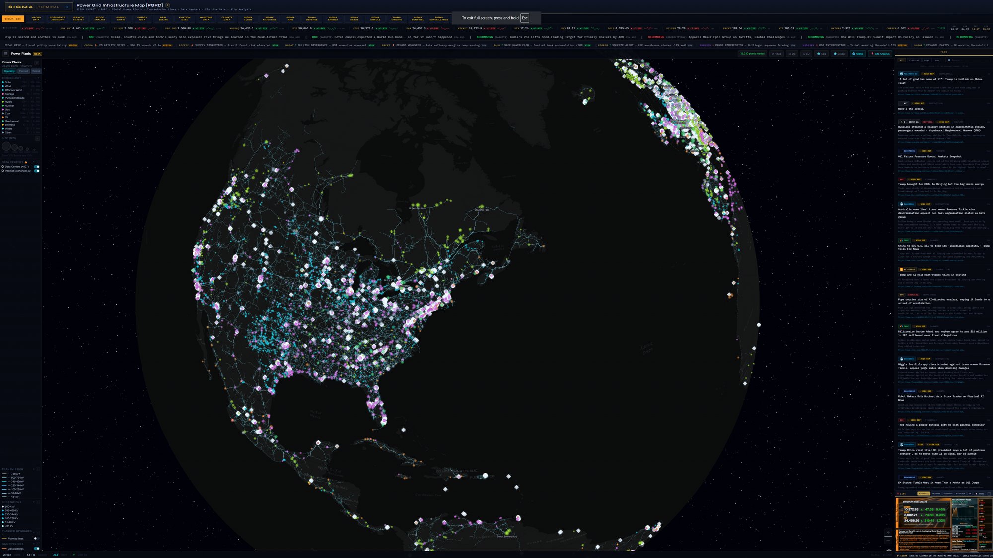 SIGMA Terminal — Power Grid Infrastructure Map [PGRD] view with live market tape, commodity signal bar, plant and transmission overlays, and news graph